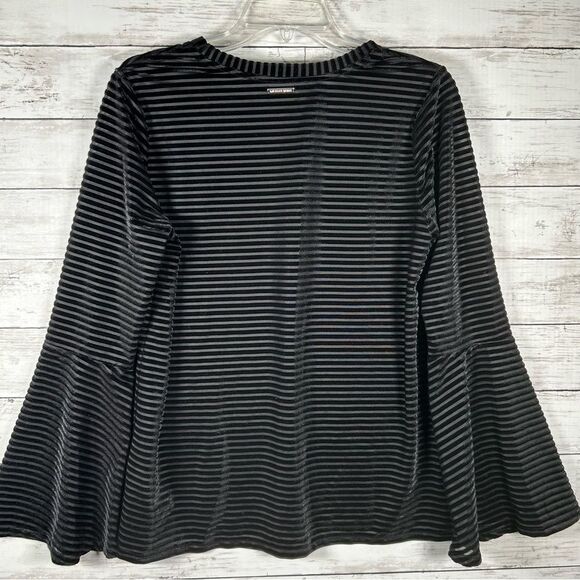 Michael Kors Velvet Shadow Stripe Bell Black Sleeve Top M - Picture 2 of 6